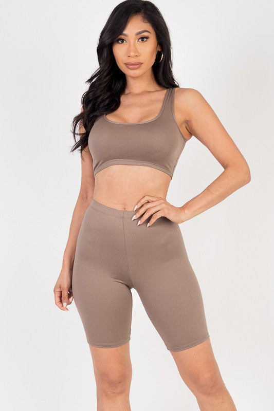 Solid Crop Tank BRA Top & Biker Shorts Active Set