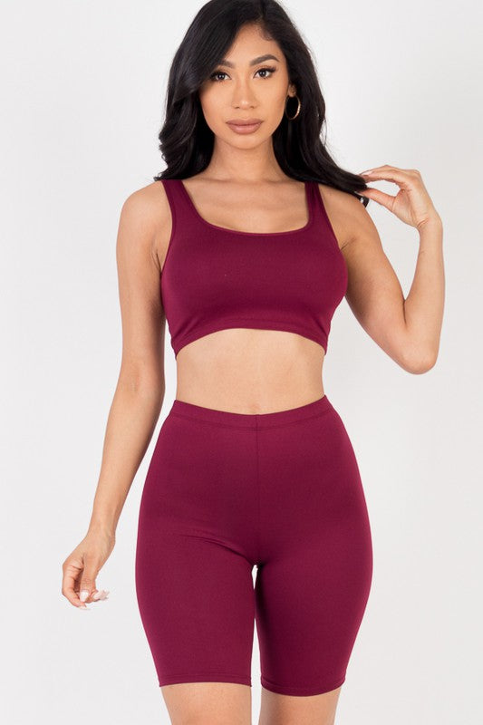 Solid Crop Tank BRA Top & Biker Shorts Active Set