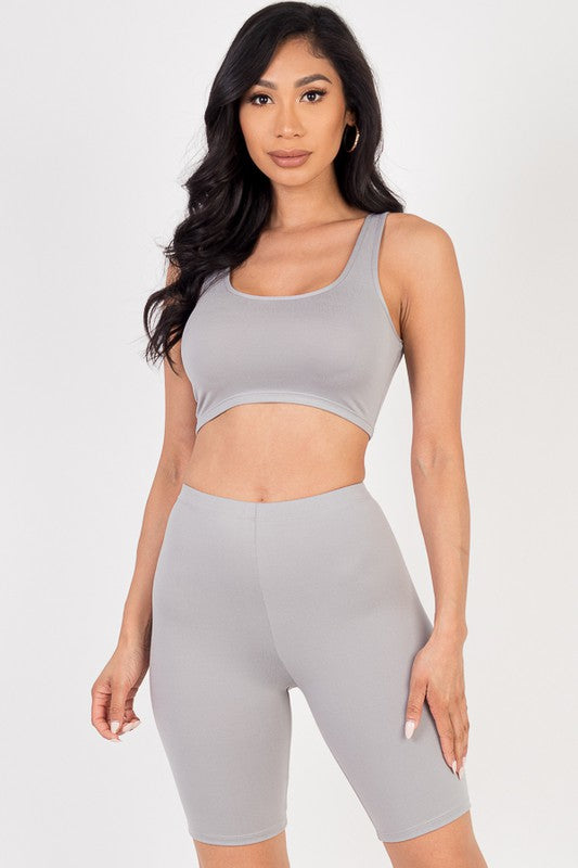 Solid Crop Tank BRA Top & Biker Shorts Active Set