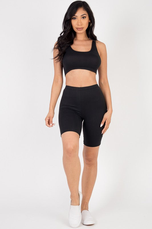 Solid Crop Tank BRA Top & Biker Shorts Active Set