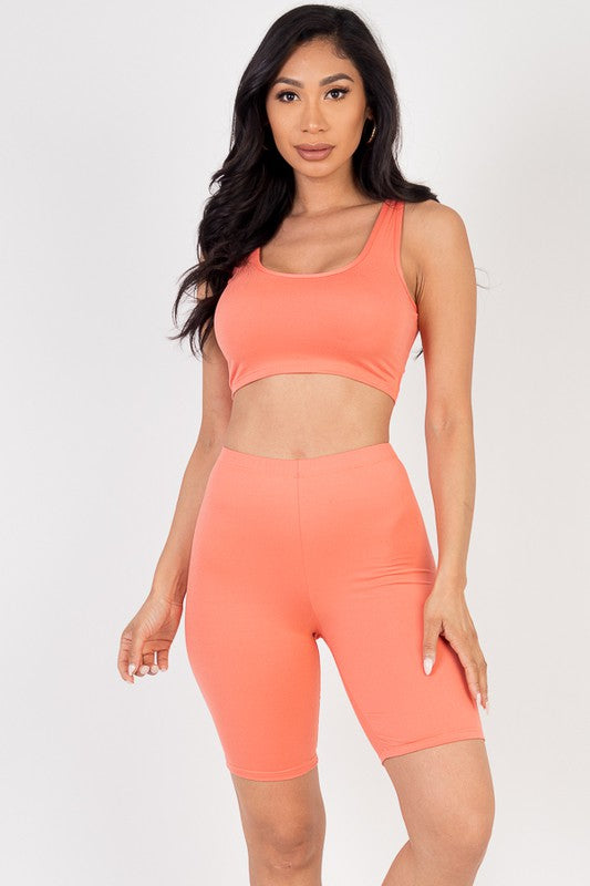 Solid Crop Tank BRA Top & Biker Shorts Active Set