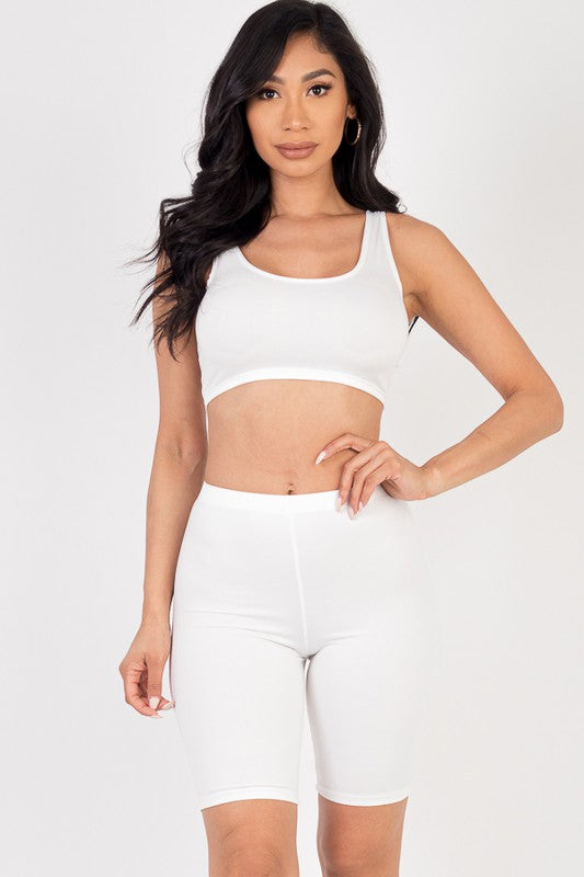 Solid Crop Tank BRA Top & Biker Shorts Active Set