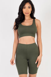 Solid Crop Tank BRA Top & Biker Shorts Active Set