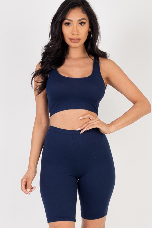 Solid Crop Tank BRA Top & Biker Shorts Active Set