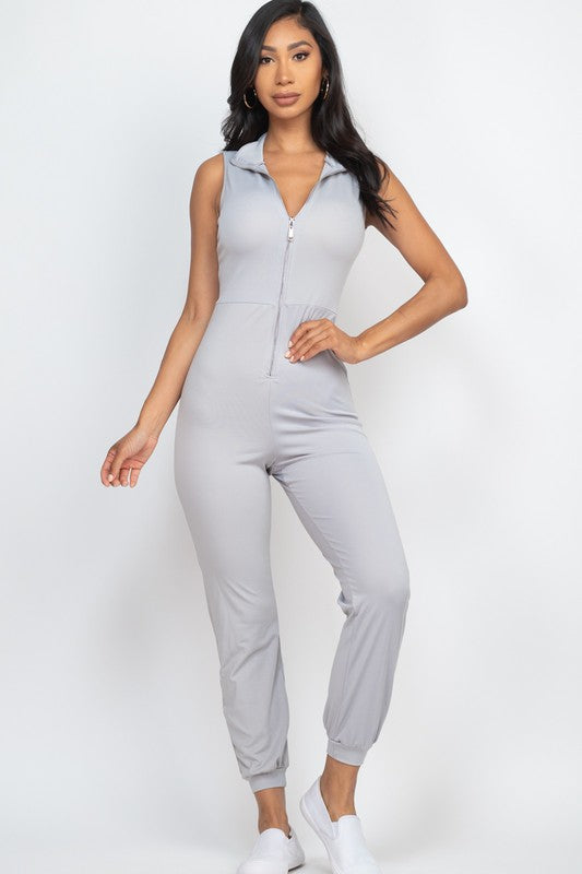 Solid Sleeveless Zipper Front Jumpsuit