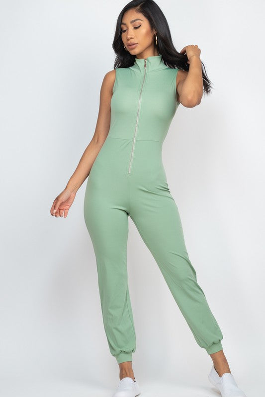 Solid Sleeveless Zipper Front Jumpsuit