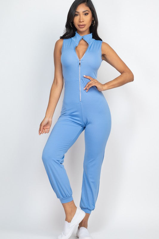 Solid Sleeveless Zipper Front Jumpsuit