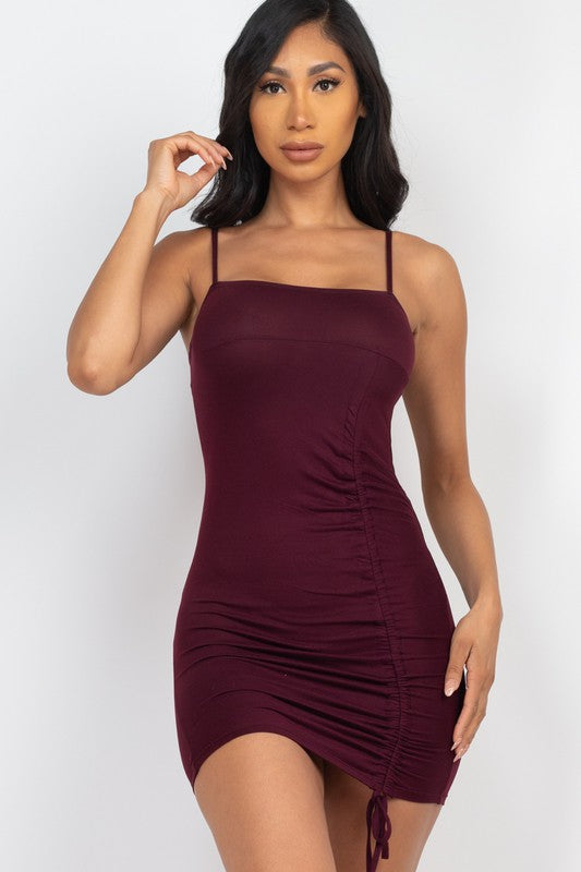 Solid Ruched Drawstring Mini Dress