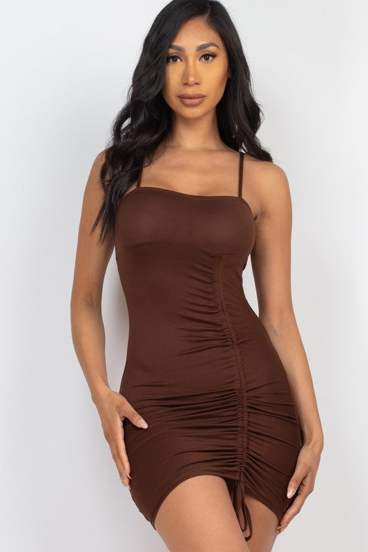 Solid Ruched Drawstring Mini Dress