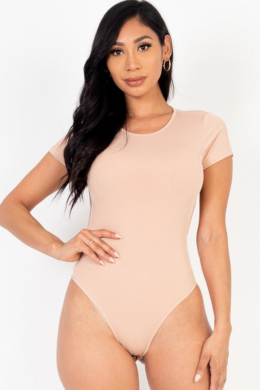 Ribbed Knit Backless Short Sleeve Bodysuit