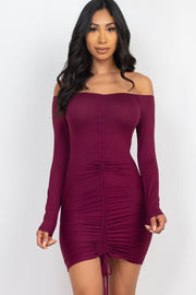 Off Shoulder Ruched Drawstring Bodycon Dress