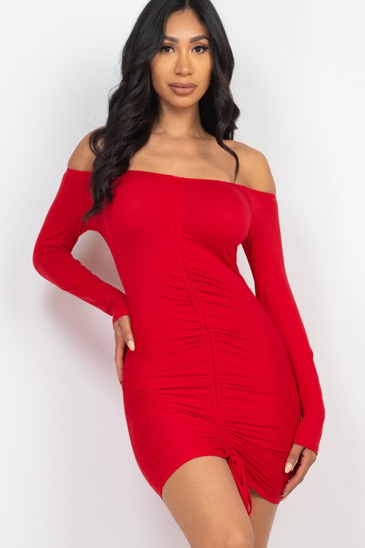 Off Shoulder Ruched Drawstring Bodycon Dress