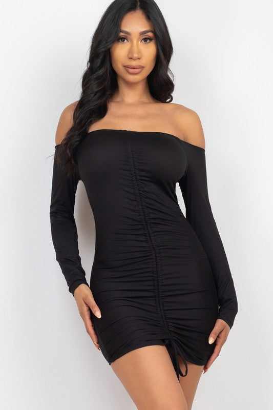 Off Shoulder Ruched Drawstring Bodycon Dress