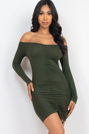 Off Shoulder Ruched Drawstring Bodycon Dress