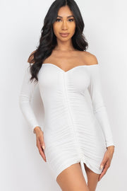 Off Shoulder Ruched Drawstring Bodycon Dress