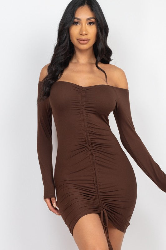 Off Shoulder Ruched Drawstring Bodycon Dress