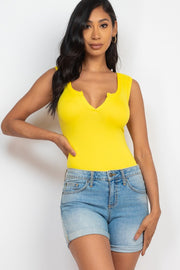 Split Neckline Solid Sleeveless Bodysuit Top