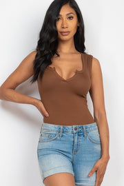 Split Neckline Solid Sleeveless Bodysuit Top