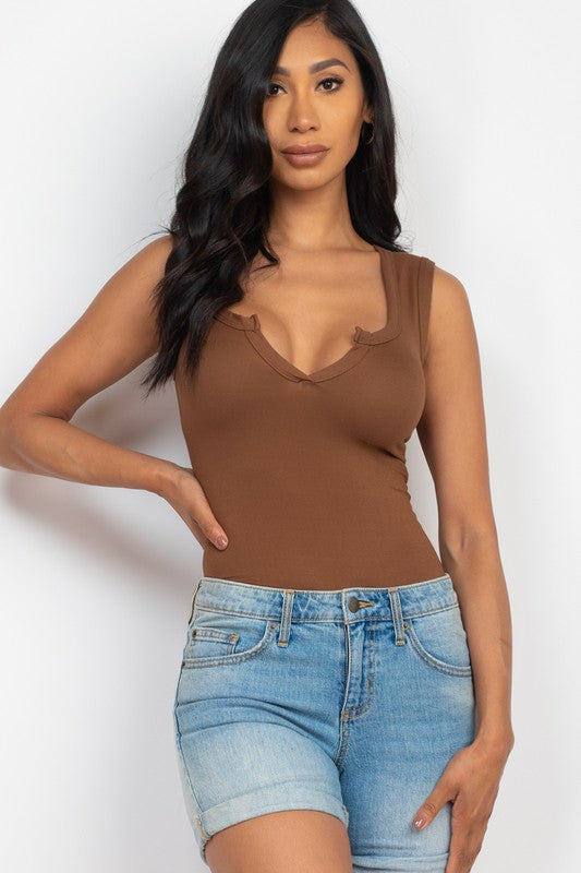 Split Neckline Solid Sleeveless Bodysuit Top