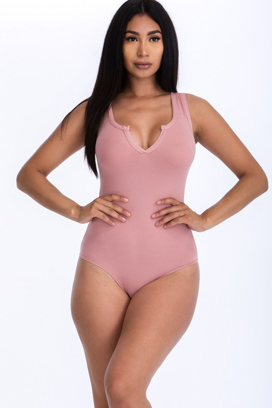 Split Neckline Solid Sleeveless Bodysuit Top