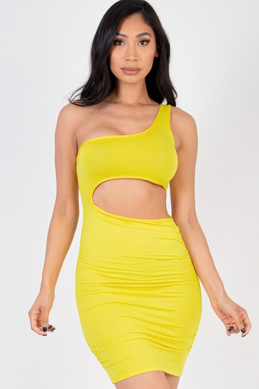 One Shoulder Cutout Front Ruched Bodycon Dress