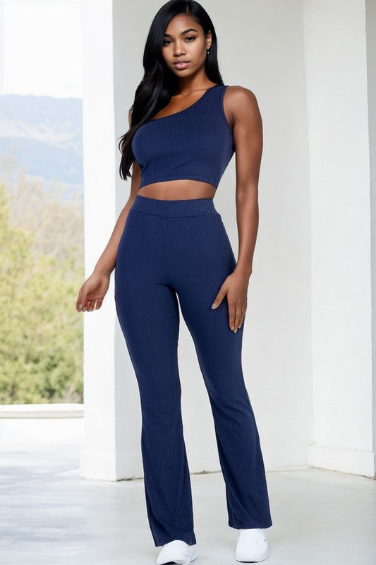 Ribbed One Shoulder Crop Top & Flared Pants Set