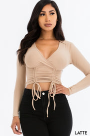 Solid Ribbed Drawstring Long Sleeve Crop Top