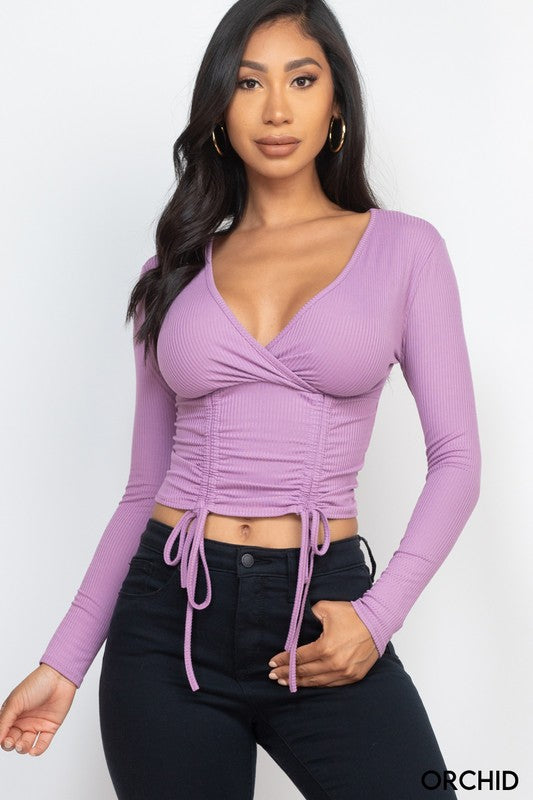 Solid Ribbed Drawstring Long Sleeve Crop Top