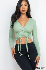 Solid Ribbed Drawstring Long Sleeve Crop Top