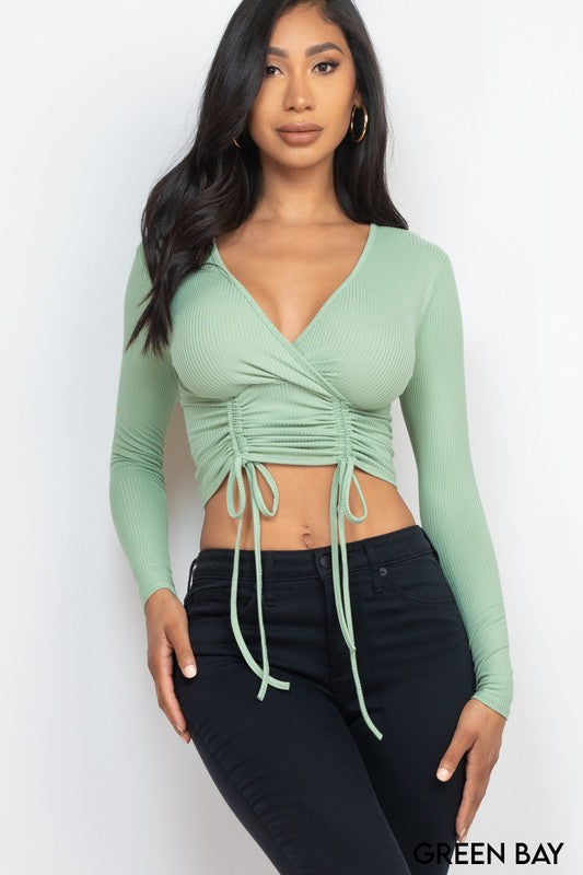 Solid Ribbed Drawstring Long Sleeve Crop Top