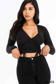 Solid Ribbed Drawstring Long Sleeve Crop Top