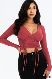 Solid Ribbed Drawstring Long Sleeve Crop Top