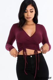 Solid Ribbed Drawstring Long Sleeve Crop Top