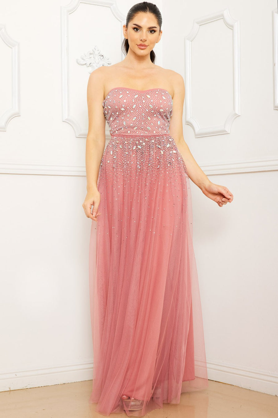 GLITTER AND RHINESTONE TUBE TOP MAXI DRESS