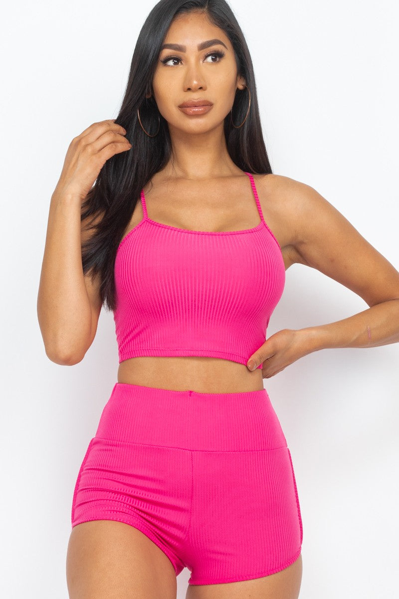 Ribbed Top & Ruched Biker Shorts Set