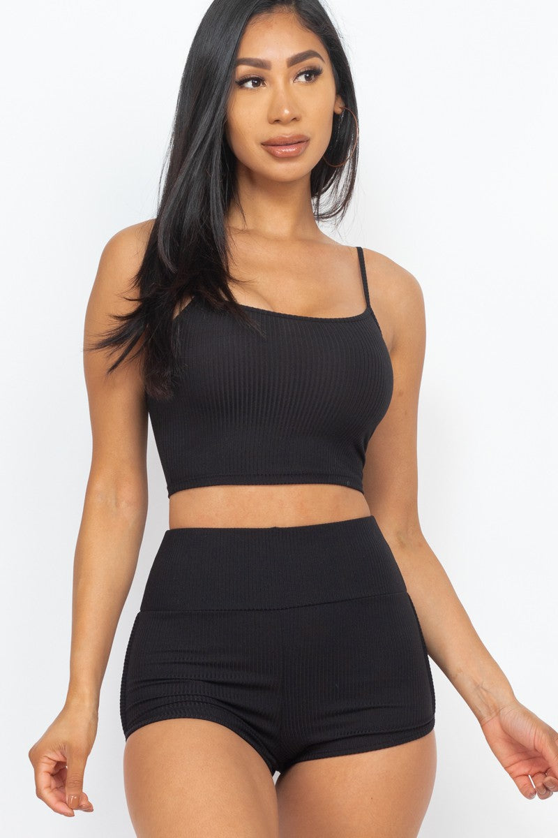 Ribbed Top & Ruched Biker Shorts Set