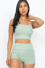 Ribbed Top & Ruched Biker Shorts Set