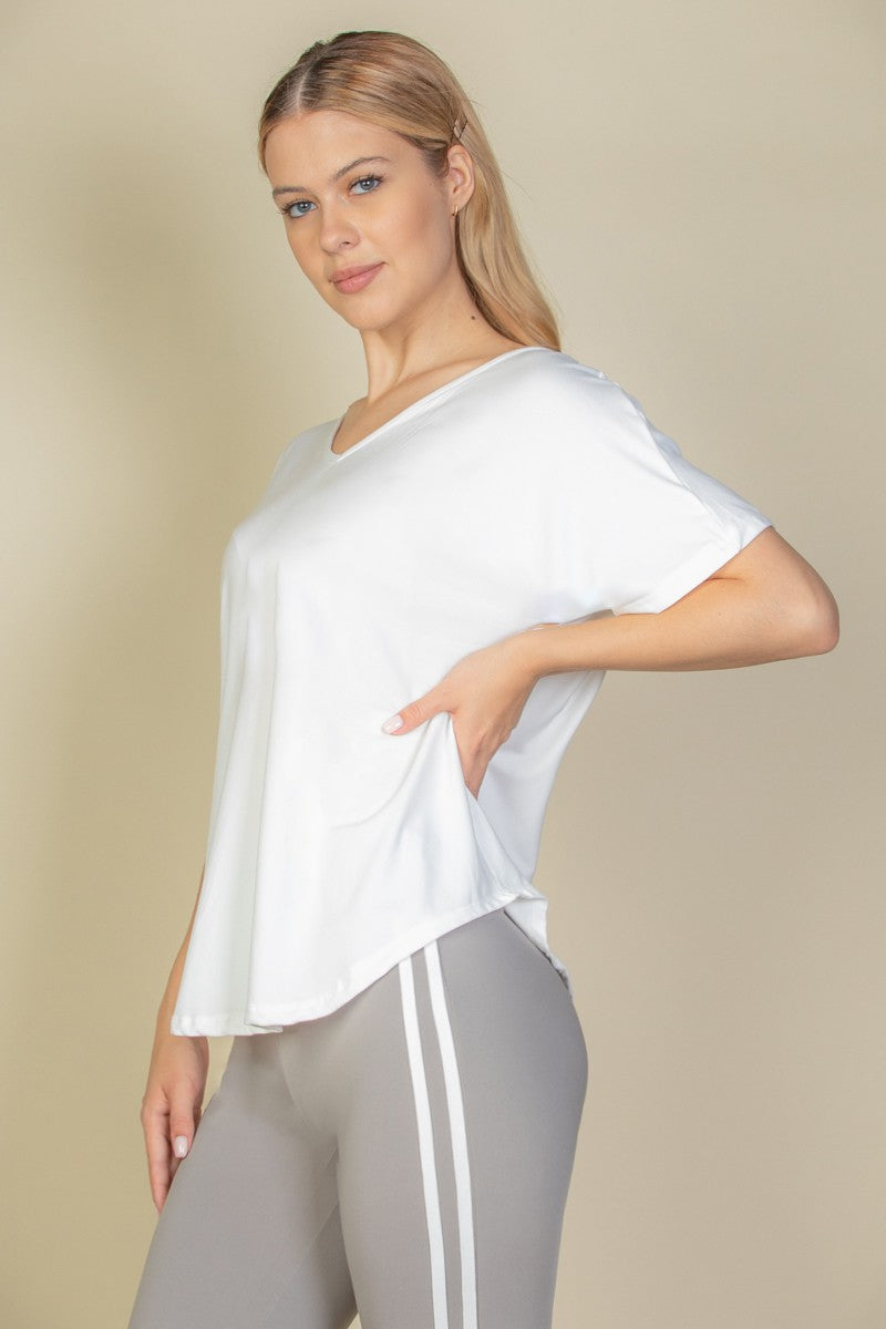 Cut-out Back Curved Hem Short Sleeve Top For Women