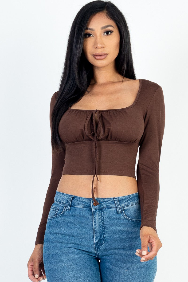 Tie Front Solid Bustier Long Sleeve Top
