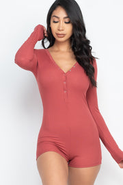 Ribbed Button Neck Long Sleeve Bodycon Romper