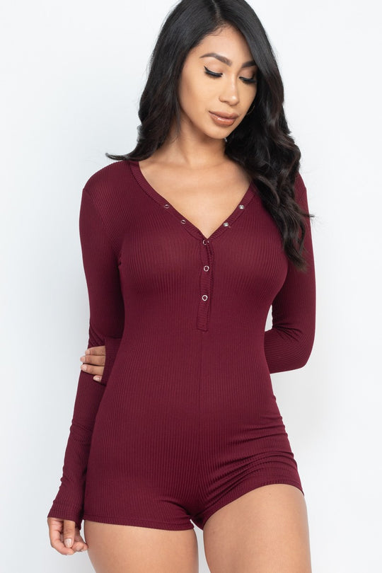 Ribbed Button Neck Long Sleeve Bodycon Romper