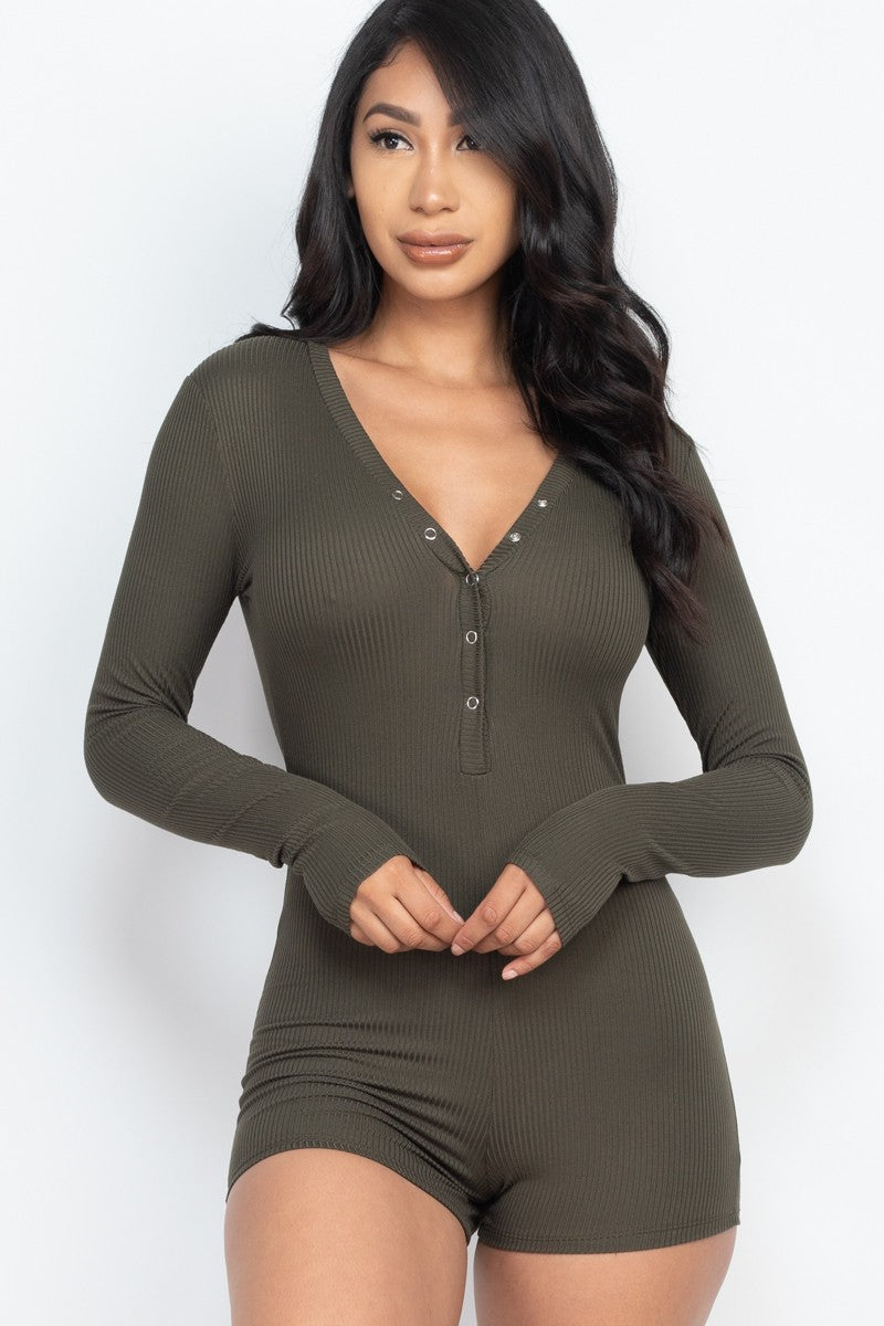 Ribbed Button Neck Long Sleeve Bodycon Romper