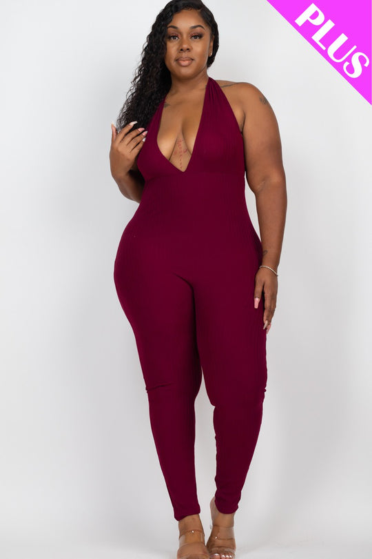 Plus Halter V Neck Ribbed Bodycon Jumpsuit