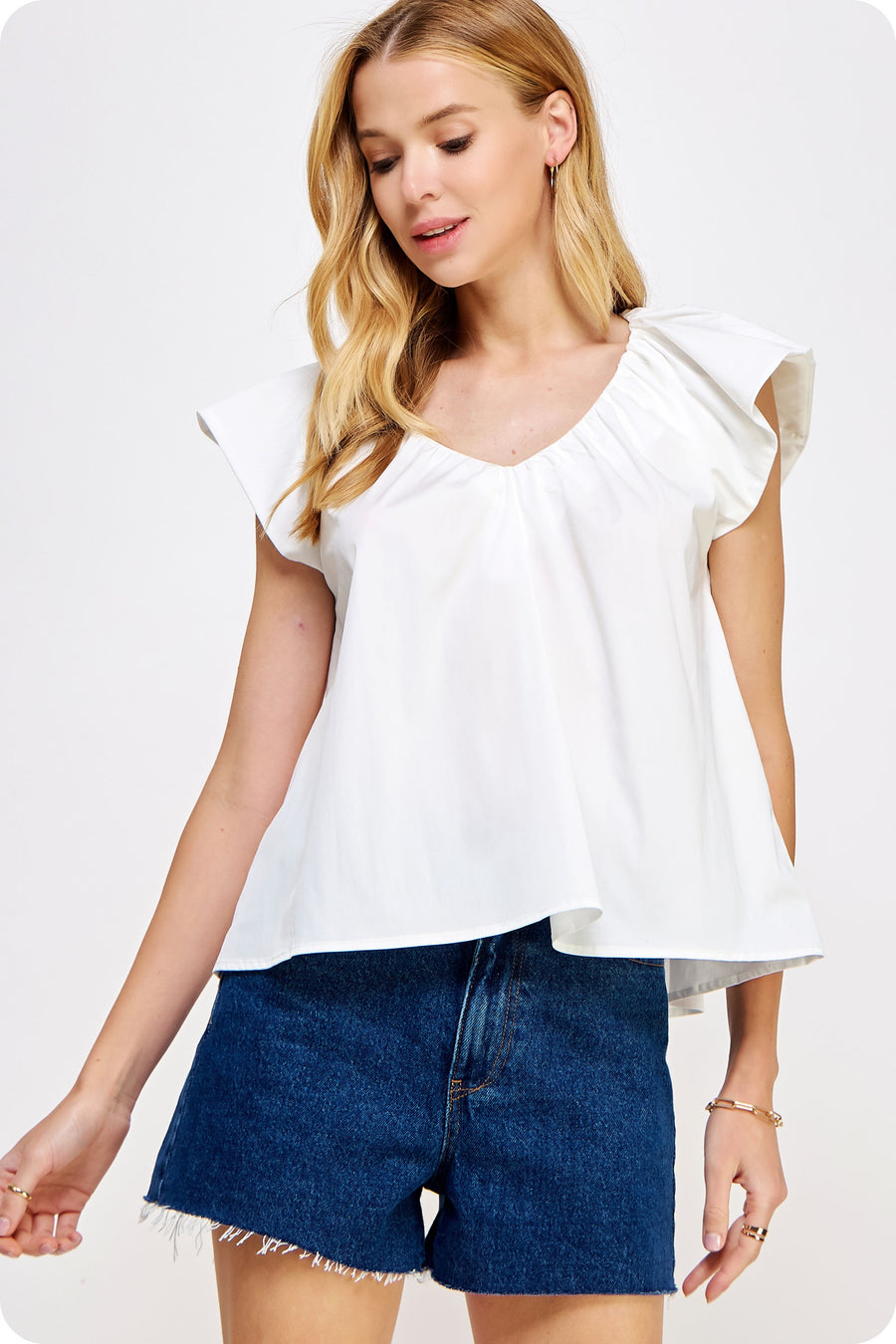 V-Neck Puff Sleeves Poplin Top