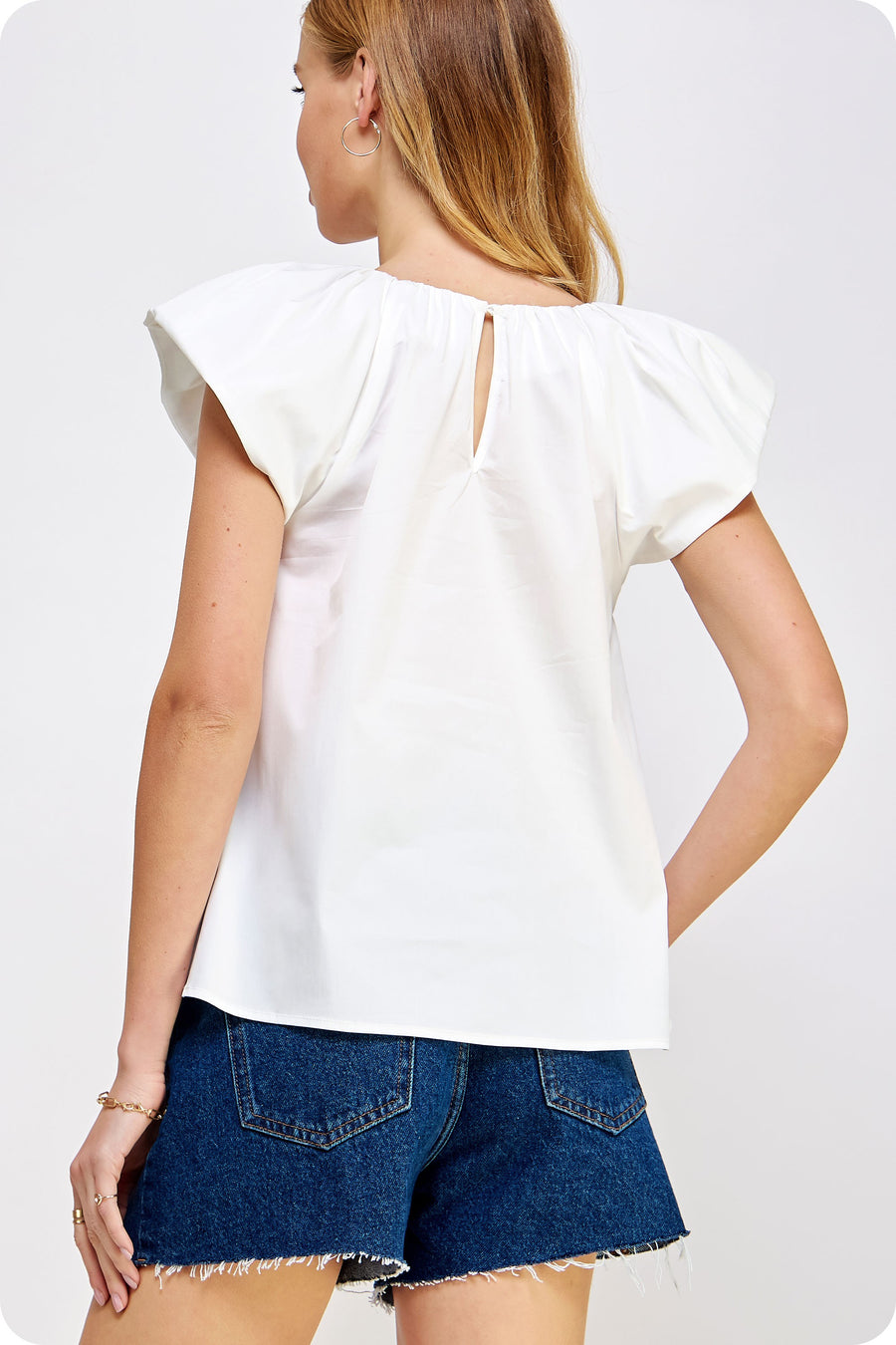 V-Neck Puff Sleeves Poplin Top