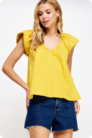 V-Neck Puff Sleeves Poplin Top