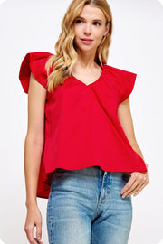 V-Neck Puff Sleeves Poplin Top