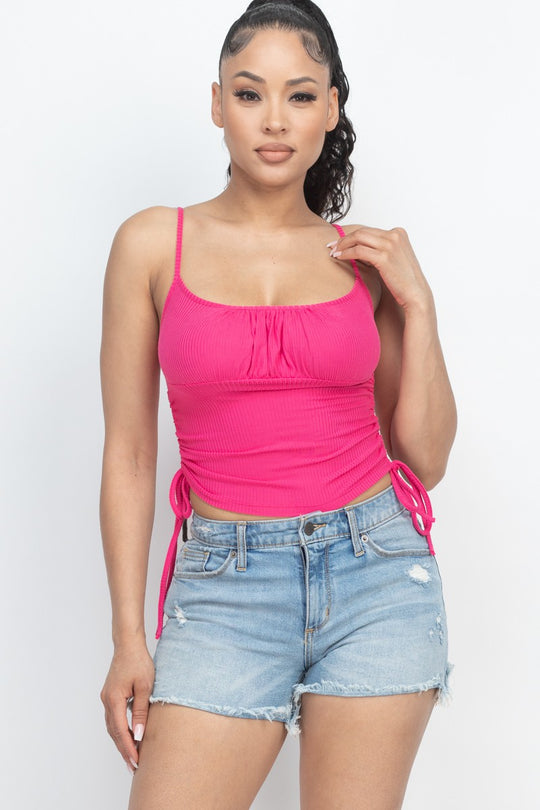 Ribbed Front Ruched Side String Crop Summer Top