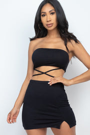 Strapless Tie Back Tube Top & Slit MiniSkirt