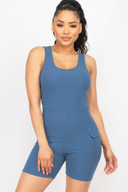 Ribbed Fake Pocket Romper